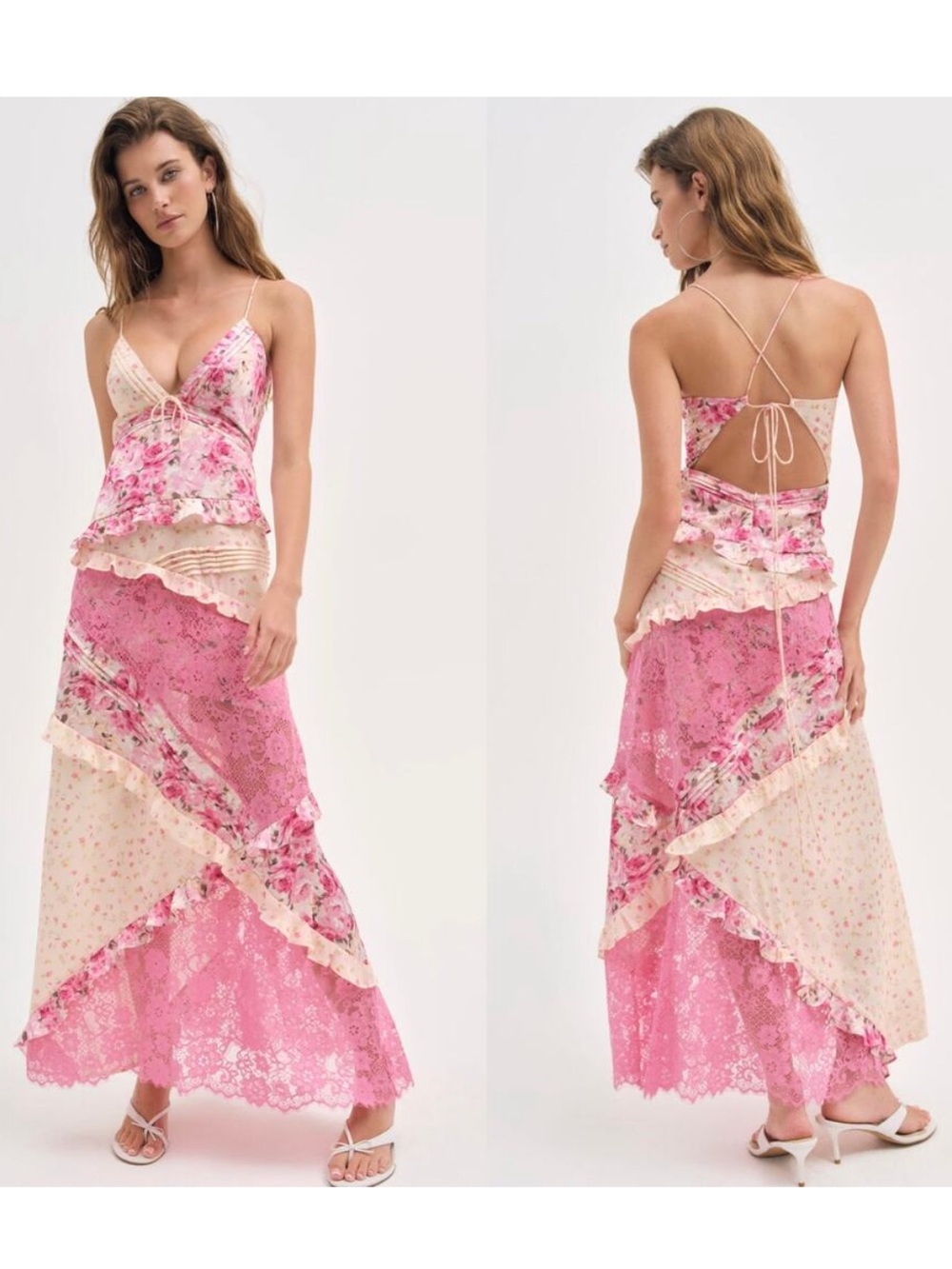 For Love & Lemons Rosalyn Maxi Dress Tiered Ruffled Tie Back Size Small Floral